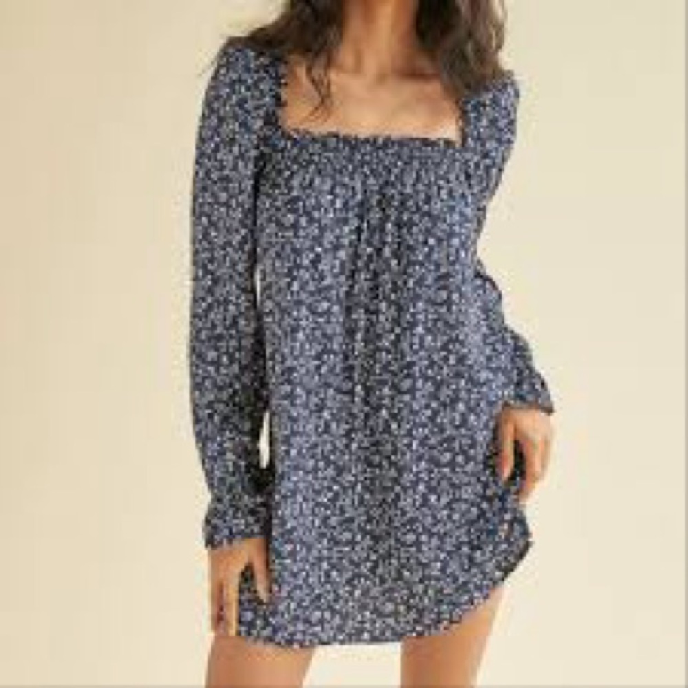 Reformation Hudsen Floral Blue Long Sleeve Dress L